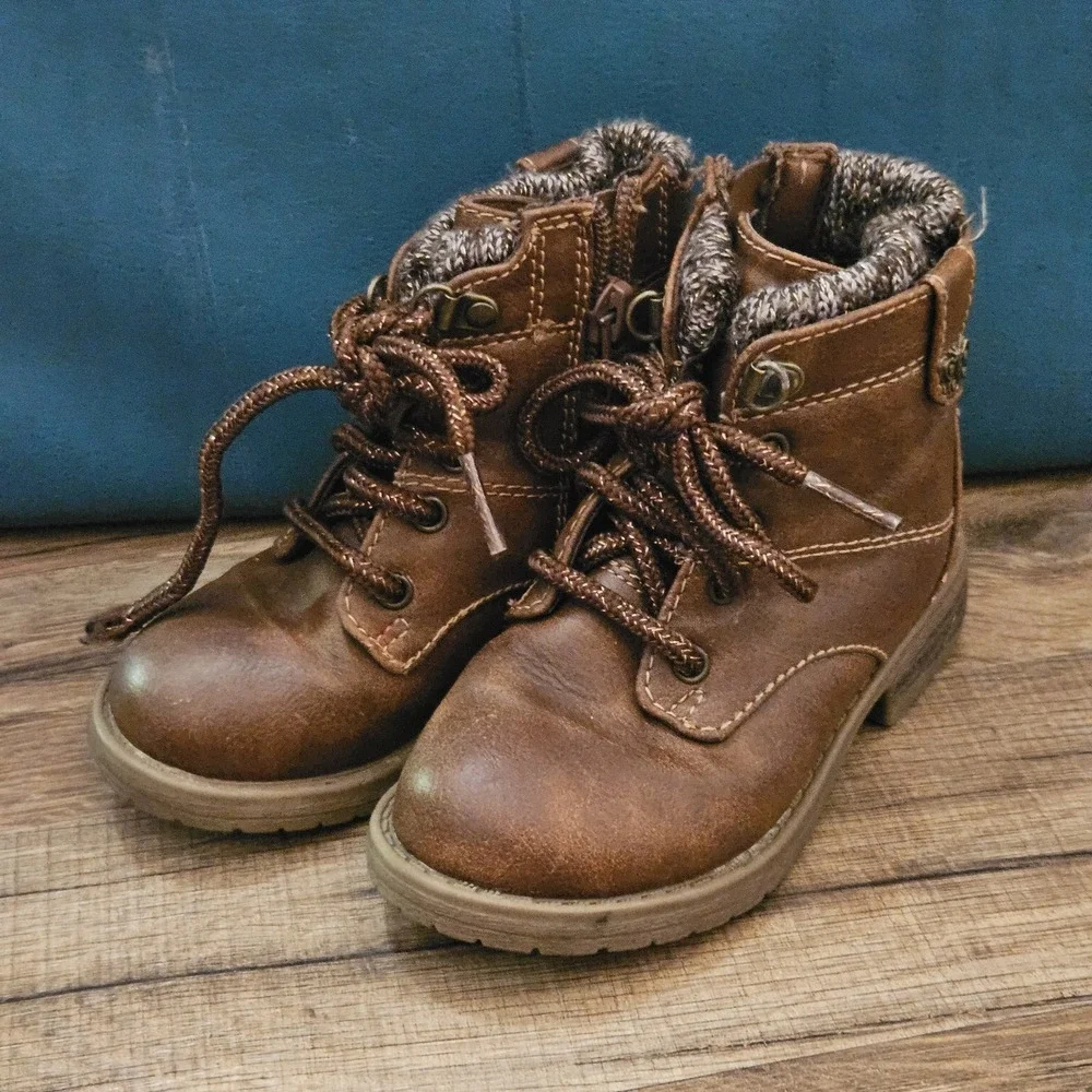 Wonder Nation Toddler Girls Size 7 Brown Lace‎ Up Ankle Boots Side Zip
